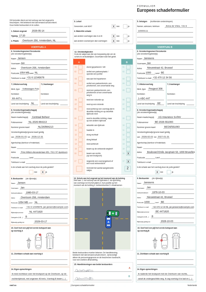 Eerste pagina van een met CrashAssist ingevuld Europees schadeformulier: de gegevens van beide bestuurders, de aangekruiste toedracht, een schets van de plek en twee handtekeningen.